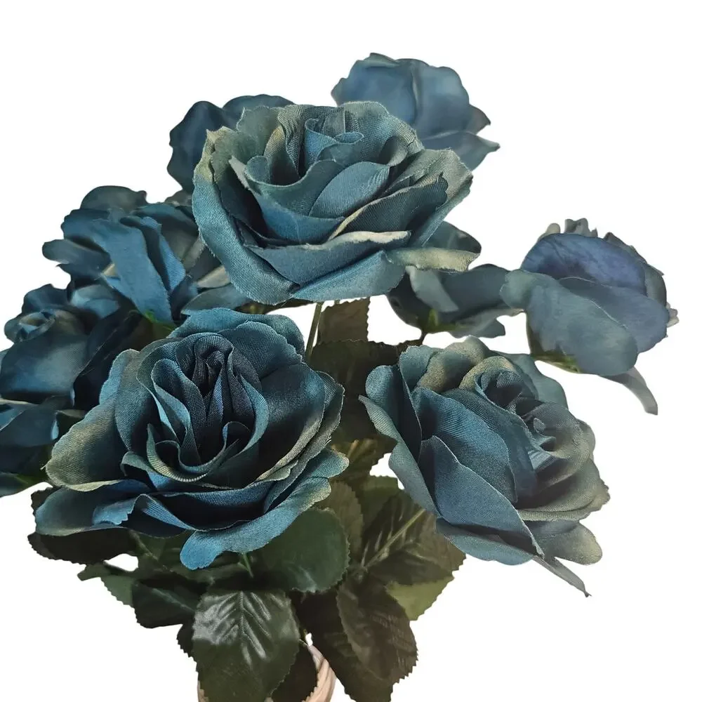 Silk Artificial Teal Rose Bush Lot of 2 Bushes, 4 in wide Blooms, 23 Roses total